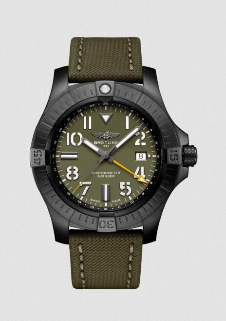 The new replica watches ensure evident color contrast with yellow hands and khaki green dials.