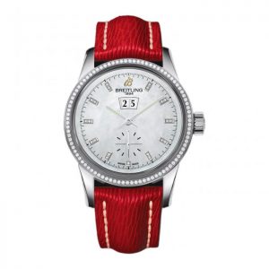 The sturdy fake Breitling Transocean A1631053 watches have stainless steel cases and bezels and red leather straps.